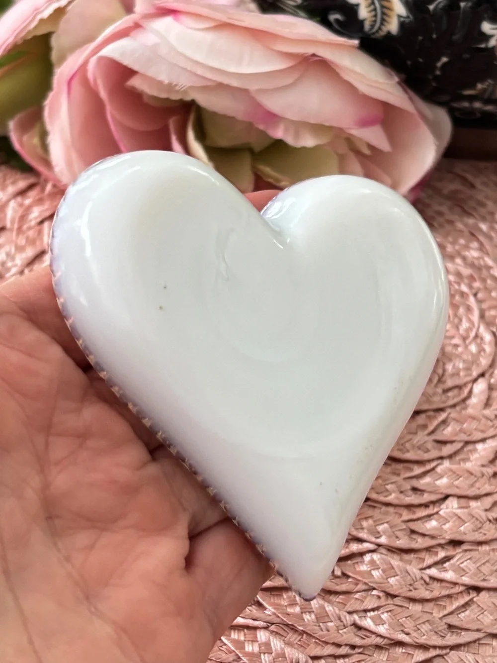 Vintage Milk Glass Hand Painted Flowers Heart Shaped Trinket Dish (set of 2)